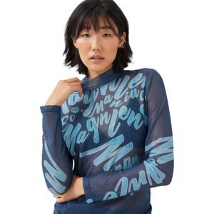 Magnlens navy blue sheer mesh cursive print mock neck top size L  Nwot ECHO